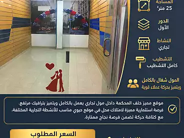 محلات للبيع في شارع عمر بن عبد العزيز، الحي الاول، 25 متر